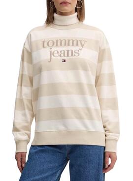 Moletom Tommy Jeans logotipo listrado bege relaxado para mulher