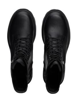 Botas Tommy Jeans de couro com salto e cadarços pretos para mulher