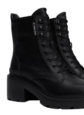 Botas Tommy Jeans de couro com salto e cadarços pretos para mulher