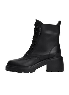 Botas Tommy Jeans de couro com salto e cadarços pretos para mulher