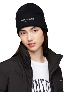 Gorro Tommy Jeans com logotipo bordado preto para mulher