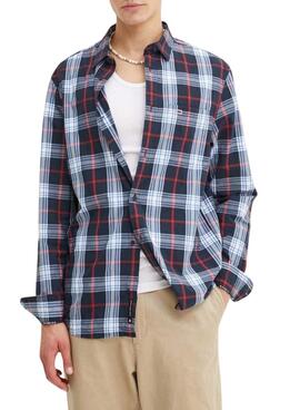 Camisa Tommy Jeans xadrez em Poplin azul para homem.