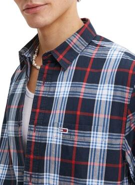 Camisa Tommy Jeans xadrez em Poplin azul para homem.