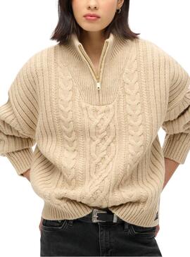 Camisola Superdry Cable Zip Bege para mulher
