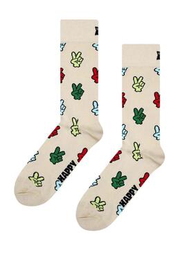 Meias Happy Socks Victory Sign Bege para mulher e homem