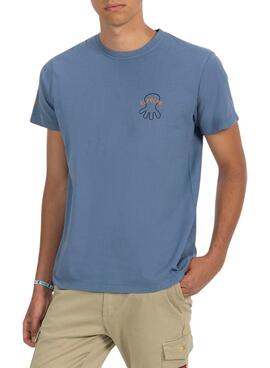 Camiseta El Pulpo bordado O MAR TUDO CURA azul para homem