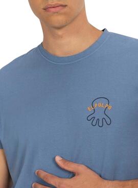 Camiseta El Pulpo bordado O MAR TUDO CURA azul para homem