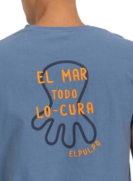 Camiseta El Pulpo bordado O MAR TUDO CURA azul para homem