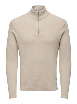 Camisola Only and Sons Phil com fecho de correr beige para homem.