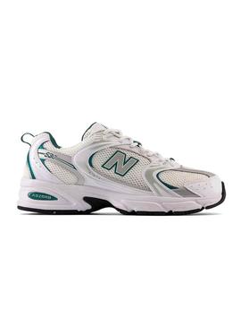 Tênis New Balance 530 branco com verde e prata para mulher