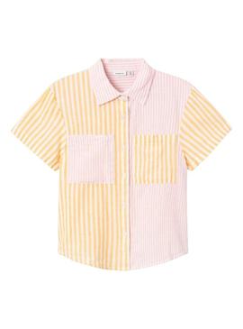 Camisa Name It Listra amarela e rosa para menina.