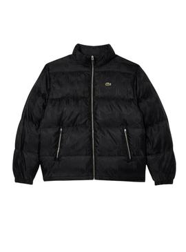 Jaqueta acolchoada Lacoste jacquard monograma preta para homem.