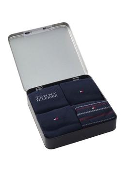 Caixa de presente com 4 pares de meias Tommy Hilfiger azul marinho para homens.