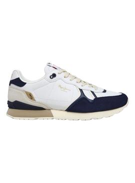Tênis Pepe Jeans Brit Ivy branco e azul para homem.