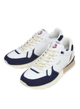 Tênis Pepe Jeans Brit Ivy branco e azul para homem.