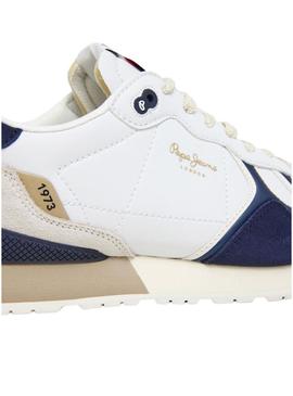 Tênis Pepe Jeans Brit Ivy branco e azul para homem.