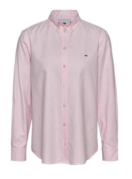 Camisa Tommy Jeans Oxford listrada rosa para mulher.