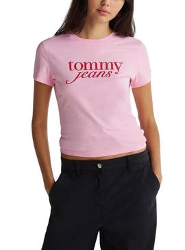 Camiseta Tommy Jeans Slim Essential rosa para mulher.