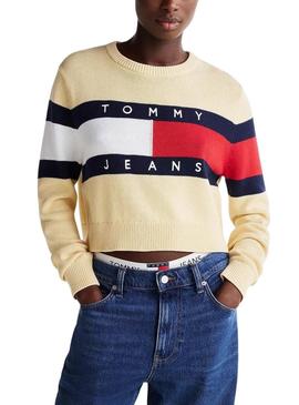 Camisola Tommy Jeans Center Flag amarelo para mulher.