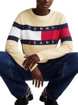 Camisola Tommy Jeans Center Flag amarelo para mulher.