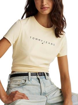 Camisa Tommy Jeans Slim Linear bege para mulher.