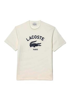 Camisa Lacoste com logo estampado em branco para homens e mulheres.