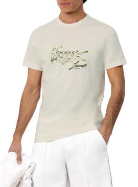 Camisa de tênis Lacoste com estampa René Lacoste bege para homem.