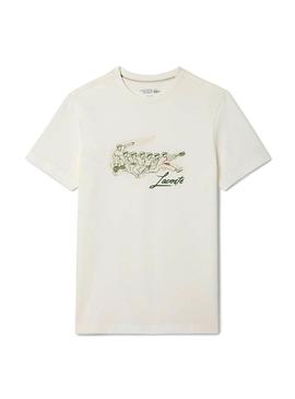 Camisa de tênis Lacoste com estampa René Lacoste bege para homem.