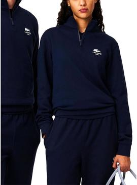 Moletom Lacoste com gola alta e zíper marinho para homens e mulheres.