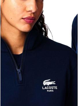 Moletom Lacoste com gola alta e zíper marinho para homens e mulheres.