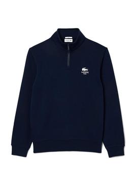 Moletom Lacoste com gola alta e zíper marinho para homens e mulheres.
