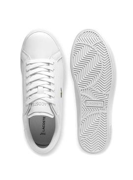 Tênis Lacoste Powercourt de couro branco para mulher.
