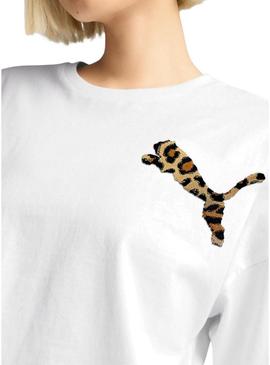 Camiseta Puma Leo Luxe branca para mulher.