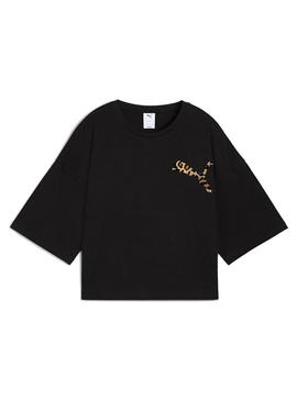 Camiseta Puma Leo Luxe preta para mulher.