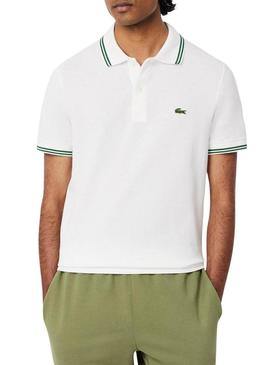 Polo Lacoste L.12.12 branco com listras verdes para homem.