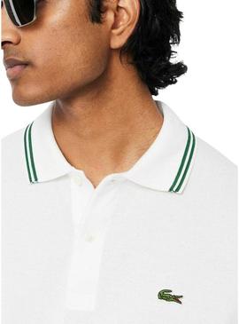 Polo Lacoste L.12.12 branco com listras verdes para homem.