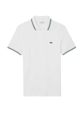 Polo Lacoste L.12.12 branco com listras verdes para homem.