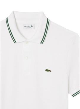 Polo Lacoste L.12.12 branco com listras verdes para homem.