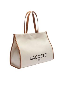 Bolsa Lacoste tote de lona bege grande.