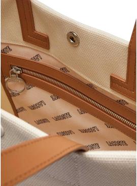 Bolsa Lacoste tote de lona bege grande.