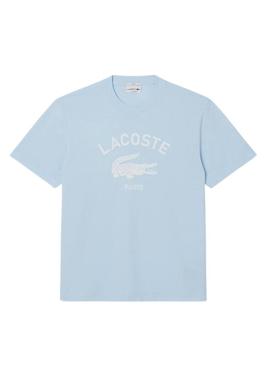 Camiseta Lacoste com estampa de logo azul para homens e mulheres.
