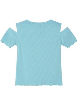 Camiseta Mayoral azul recortada para menina.