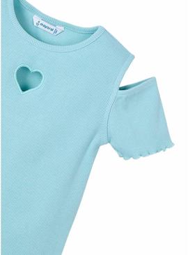 Camiseta Mayoral azul recortada para menina.