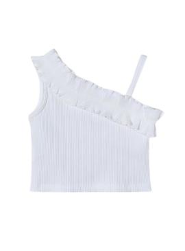 Top assimétrico branco com babados para menina.