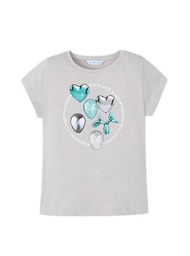Camiseta Mayoral estampada cinza para menina.