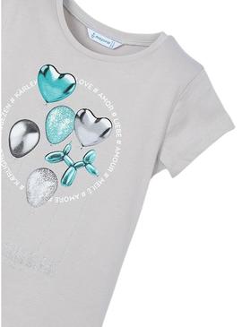 Camiseta Mayoral estampada cinza para menina.