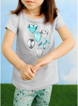 Camiseta Mayoral estampada cinza para menina.