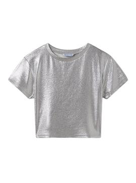 Camisa metálica Mayoral em malha canelada prateada para meninas