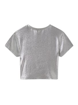 Camisa metálica Mayoral em malha canelada prateada para meninas