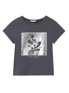 Camiseta Mayoral bordado flor cinza para menina
